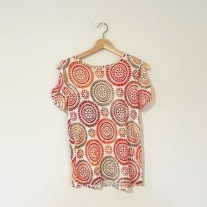 Loft 100% Linen Multi Colored Peep Shoulder Short Sleeve Top